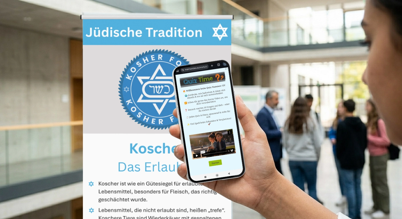Person hält Smartphone mit Bildungsprogramm bei jüdisch-muslimischer Veranstaltung.