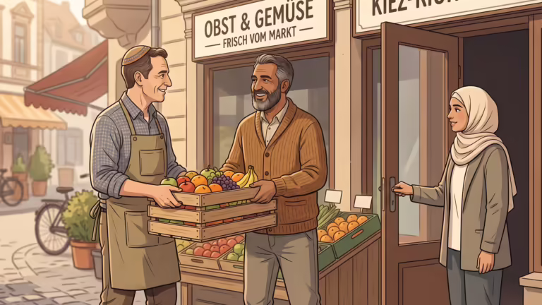Illustration: Ein Mann mit Kippa und Schürze und ein älterer Nachbar mit grauem Bart tragen gemeinsam lachend eine Kiste Obst vor einem Obst- und Gemüseladen, eine Frau mit Kopftuch hält ihnen die Tür auf. (KI-generiertes Symbolbild)