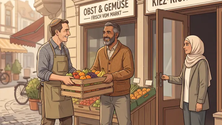 Illustration: Ein Mann mit Kippa und Schürze und ein älterer Nachbar mit grauem Bart tragen gemeinsam lachend eine Kiste Obst vor einem Obst- und Gemüseladen, eine Frau mit Kopftuch hält ihnen die Tür auf. (KI-generiertes Symbolbild)