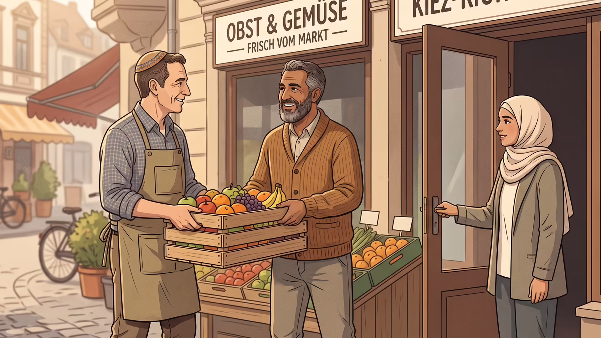Illustration: Ein Mann mit Kippa und Schürze und ein älterer Nachbar mit grauem Bart tragen gemeinsam lachend eine Kiste Obst vor einem Obst- und Gemüseladen, eine Frau mit Kopftuch hält ihnen die Tür auf. (KI-generiertes Symbolbild)